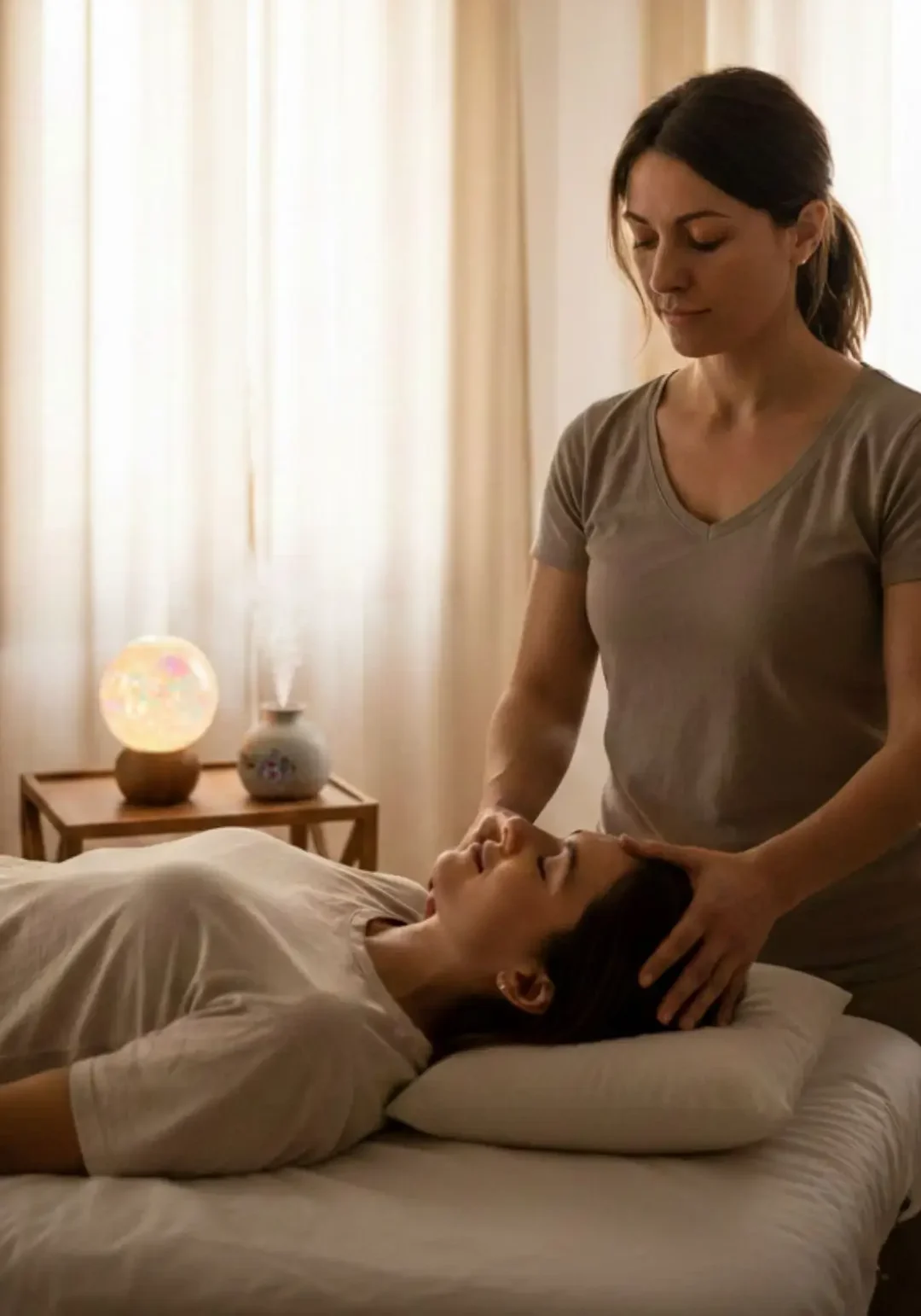 Operatore durante trattamento craniosacrale bioenergetico per riequilibrio del corpo