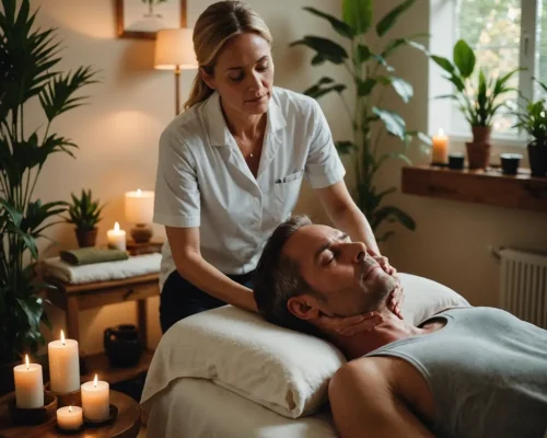 Operatore durante trattamento craniosacrale bioenergetico per riequilibrio del corpo