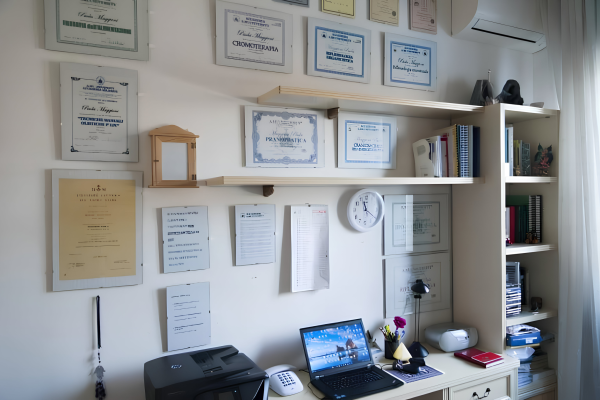 Studio di naturopata a Monza con attestati professionali appesi al muro