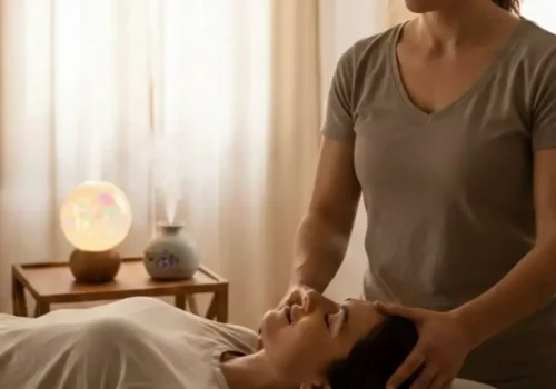Operatore durante trattamento craniosacrale bioenergetico per riequilibrio del corpo